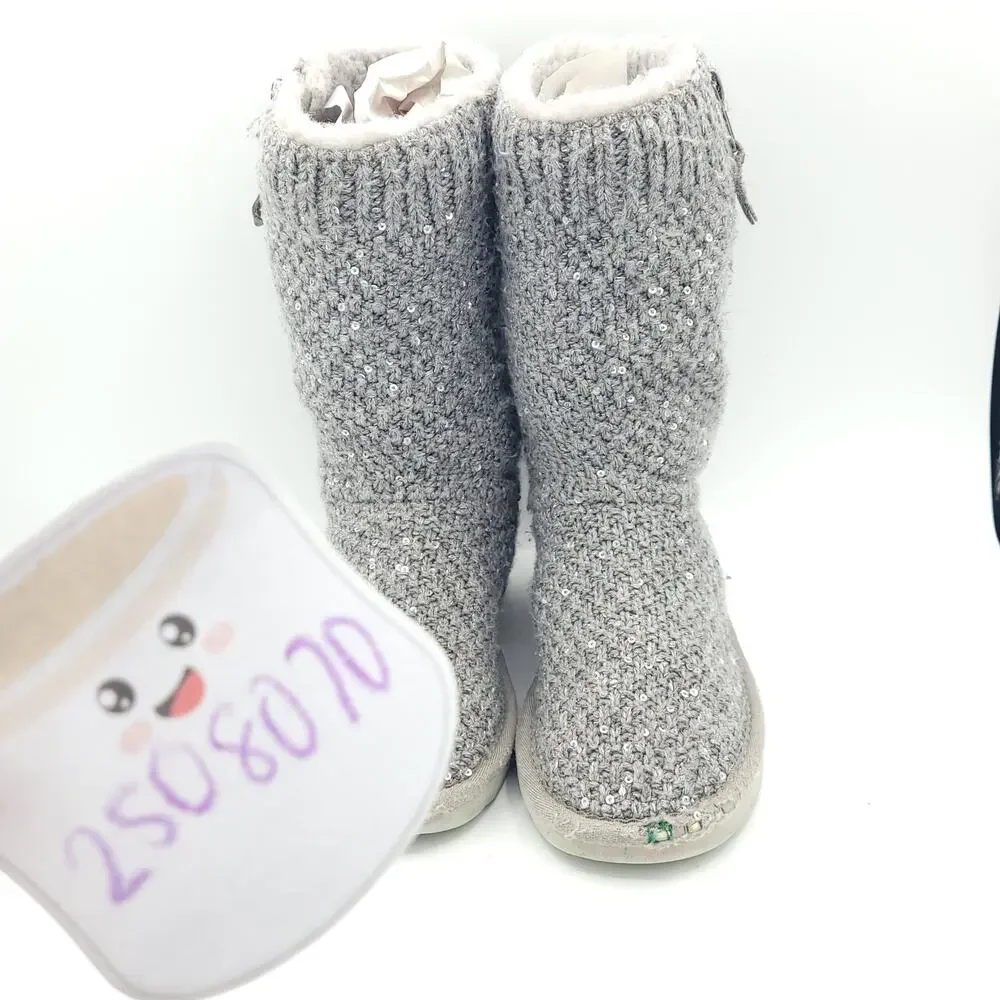 UGG Treadlite Silver Gray Sequin Knit Mid Calf Sweater Boots girls Size 13